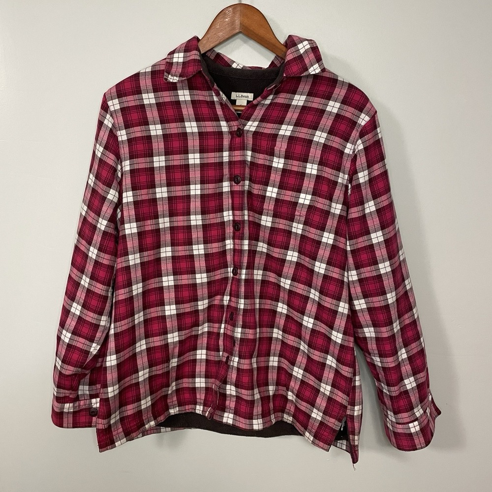 LL Bean Fleece Lined Flannel Shirt Womens S Petite‎ Pink Plaid Shacket 285016